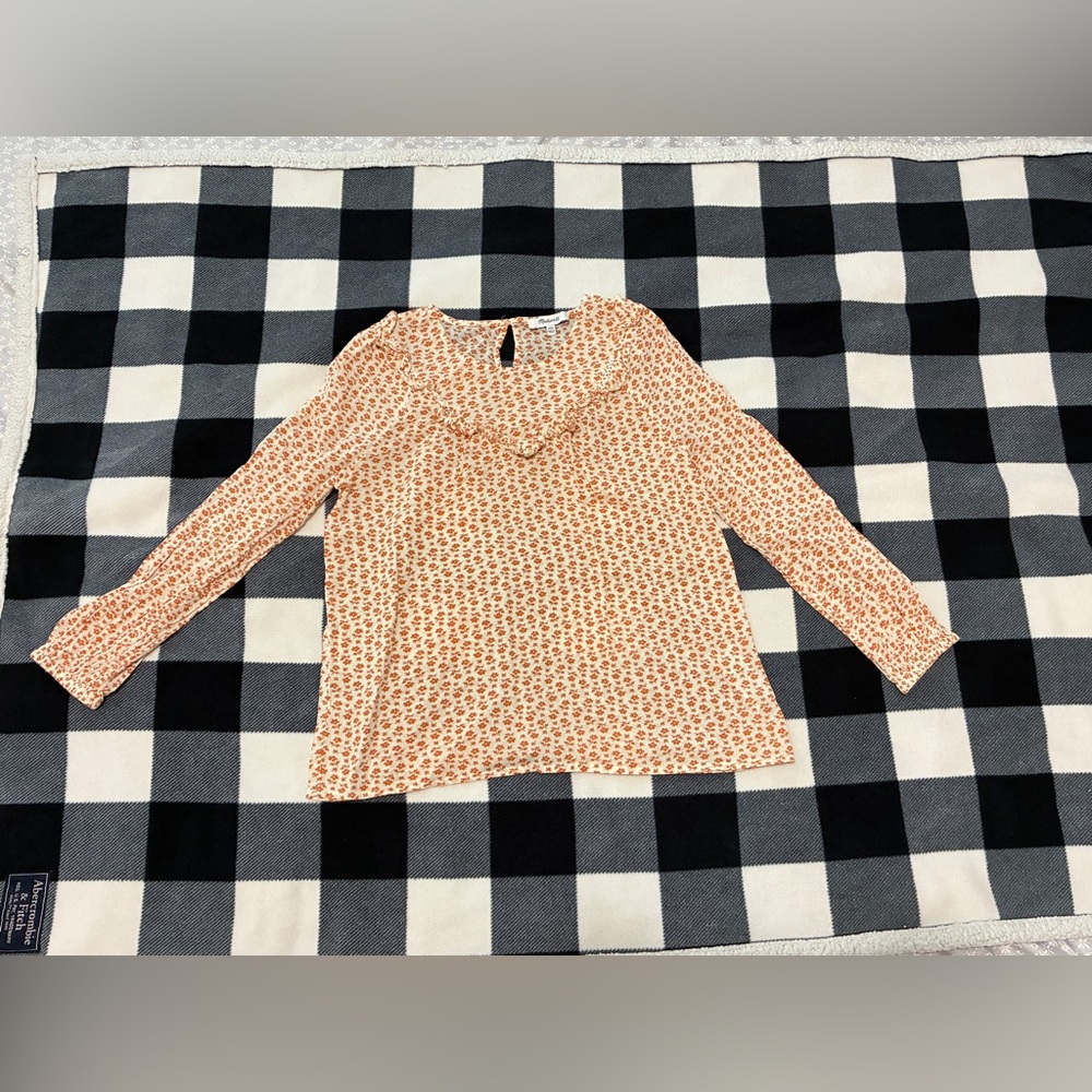 Madewell Ivory Orange Floral Ruffle Neck Long Sleeve Blouse Shirt XXS